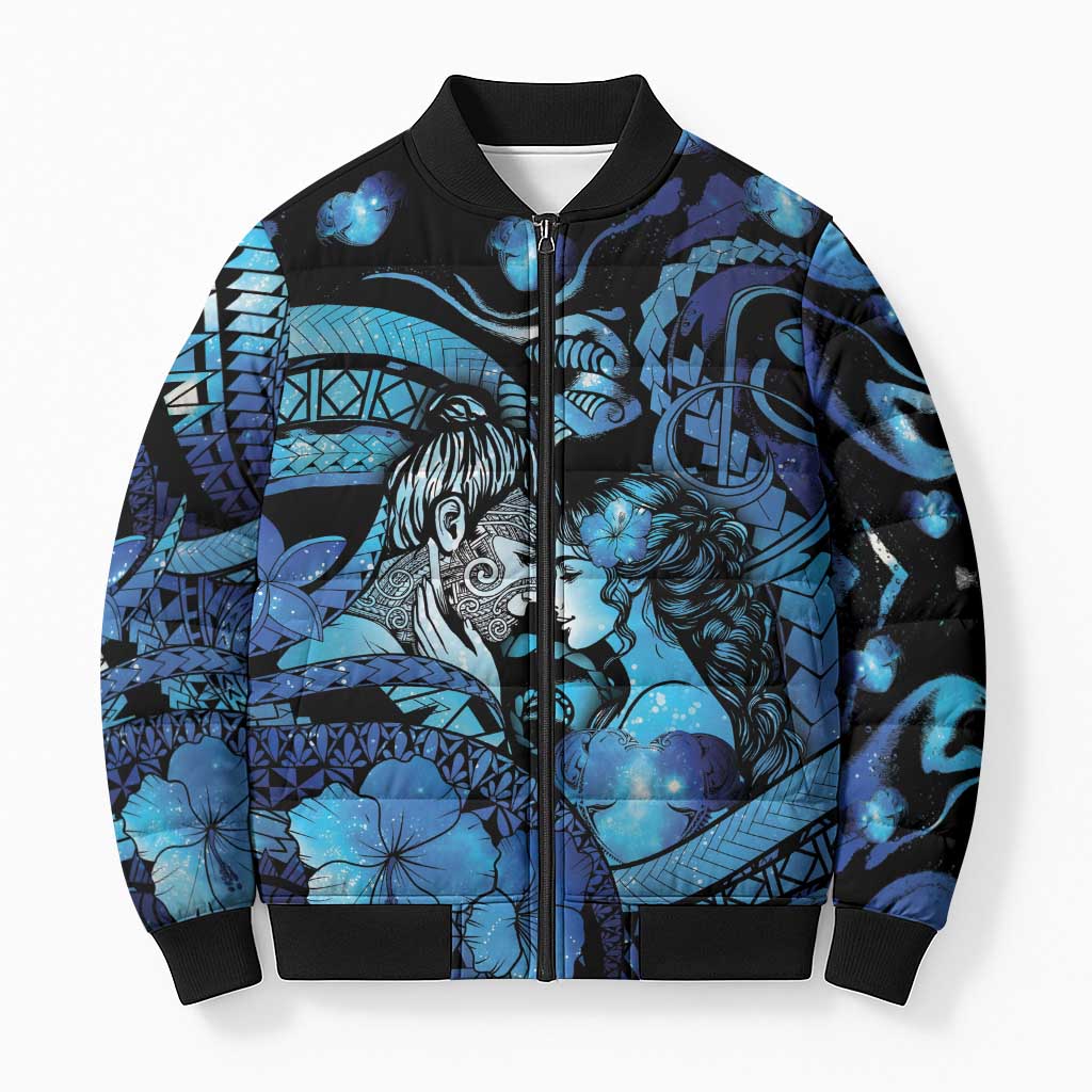 Personalised Maori Romantic Valentine Bomber Puffer Jacket The Hongi Kiss Blue Galaxy