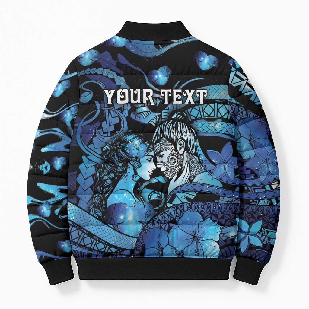 Personalised Maori Romantic Valentine Bomber Puffer Jacket The Hongi Kiss Blue Galaxy