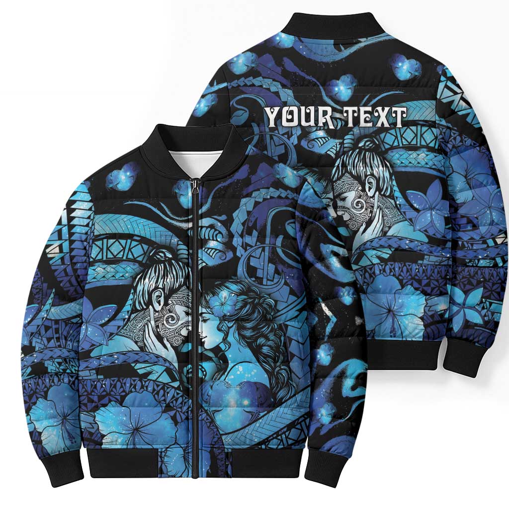 Personalised Maori Romantic Valentine Bomber Puffer Jacket The Hongi Kiss Blue Galaxy