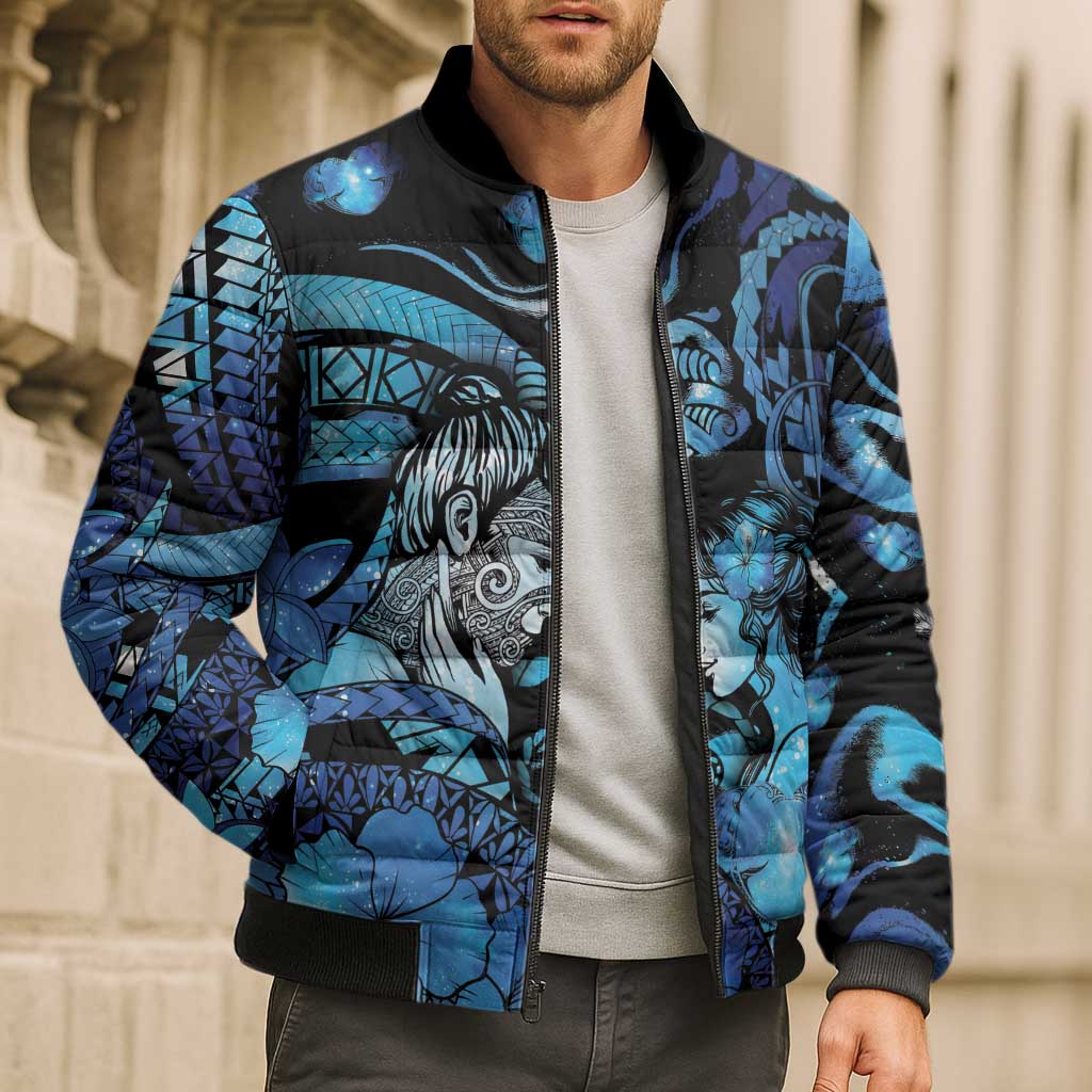 Personalised Maori Romantic Valentine Bomber Puffer Jacket The Hongi Kiss Blue Galaxy