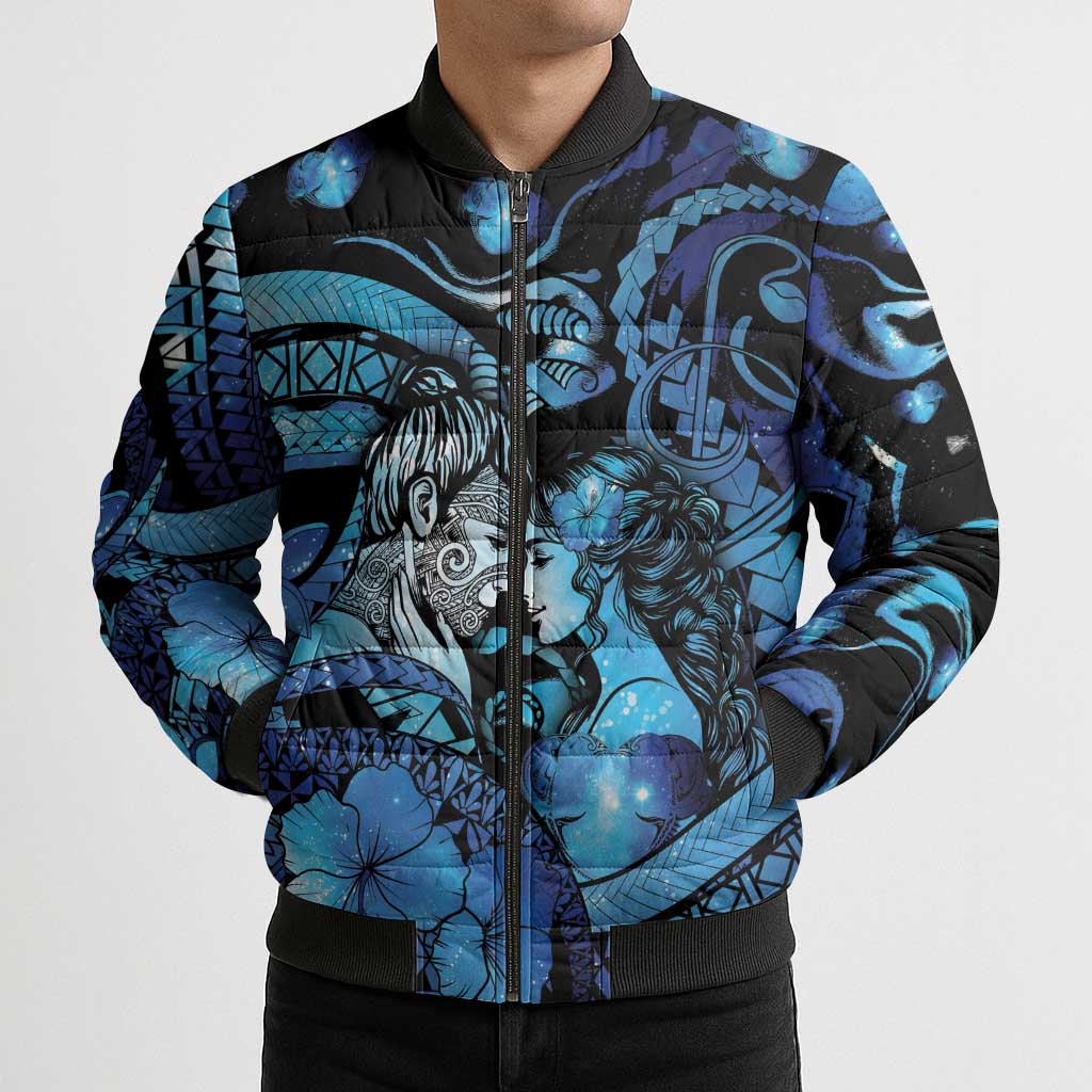 Personalised Maori Romantic Valentine Bomber Puffer Jacket The Hongi Kiss Blue Galaxy