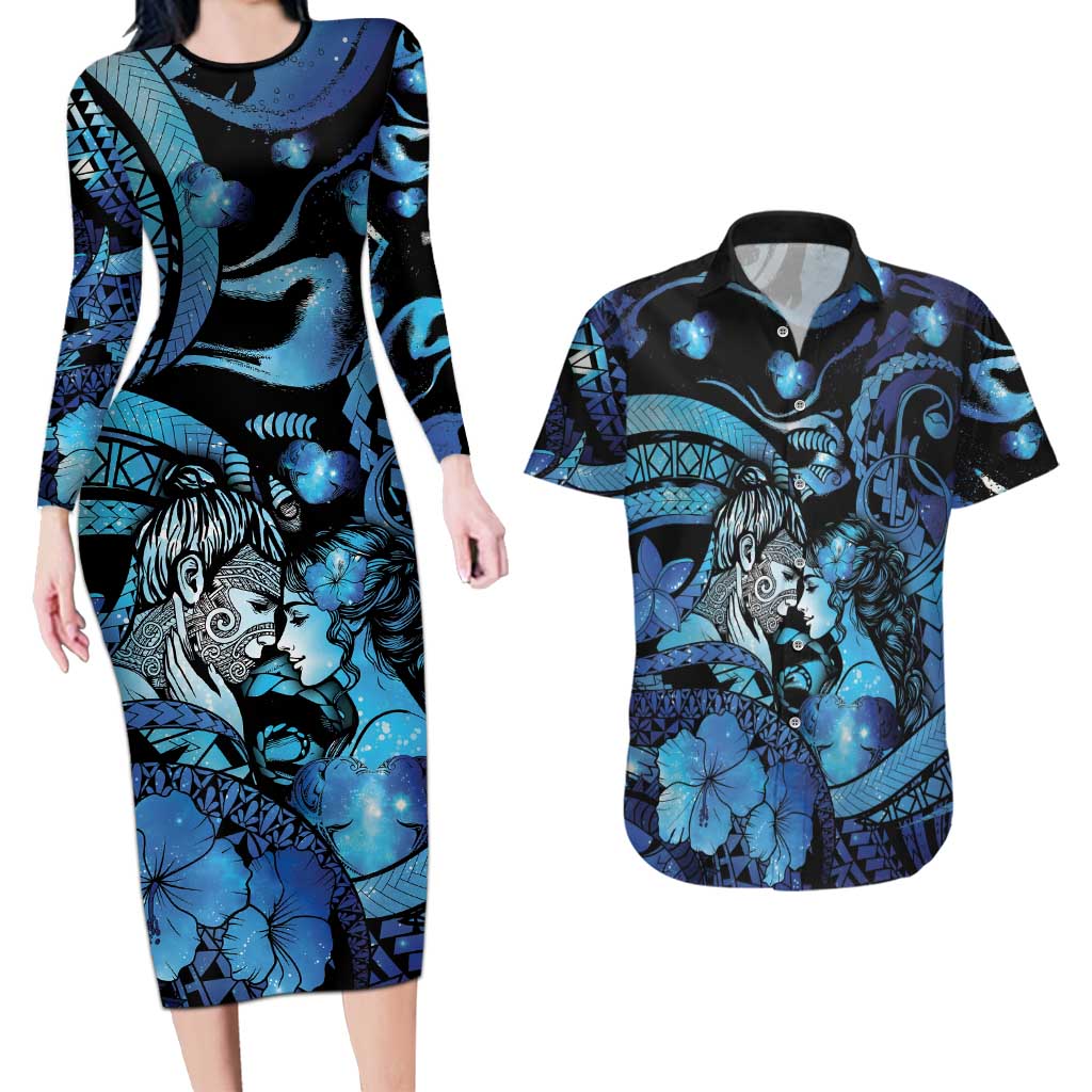 Personalised Maori Romantic Valentine Couples Matching Long Sleeve Bodycon Dress and Hawaiian Shirt The Hongi Kiss Blue Galaxy