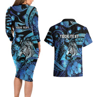 Personalised Maori Romantic Valentine Couples Matching Long Sleeve Bodycon Dress and Hawaiian Shirt The Hongi Kiss Blue Galaxy