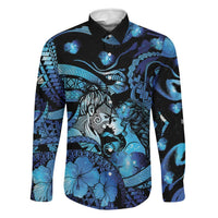 Personalised Maori Romantic Valentine Family Matching Off The Shoulder Long Sleeve Dress and Hawaiian Shirt The Hongi Kiss Blue Galaxy