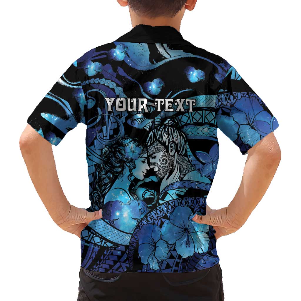 Personalised Maori Romantic Valentine Family Matching Off Shoulder Maxi Dress and Hawaiian Shirt The Hongi Kiss Blue Galaxy