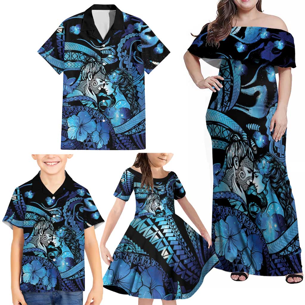 Personalised Maori Romantic Valentine Family Matching Off Shoulder Maxi Dress and Hawaiian Shirt The Hongi Kiss Blue Galaxy