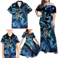 Personalised Maori Romantic Valentine Family Matching Off Shoulder Maxi Dress and Hawaiian Shirt The Hongi Kiss Blue Galaxy
