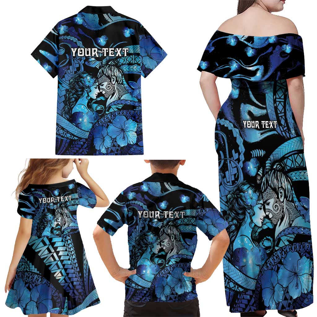 Personalised Maori Romantic Valentine Family Matching Off Shoulder Maxi Dress and Hawaiian Shirt The Hongi Kiss Blue Galaxy