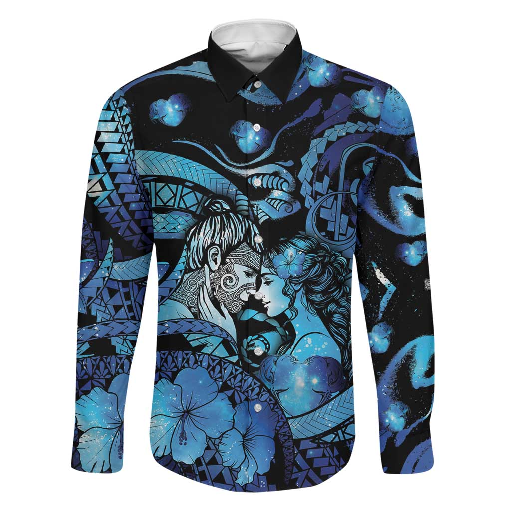 Personalised Maori Romantic Valentine Family Matching Off Shoulder Maxi Dress and Hawaiian Shirt The Hongi Kiss Blue Galaxy