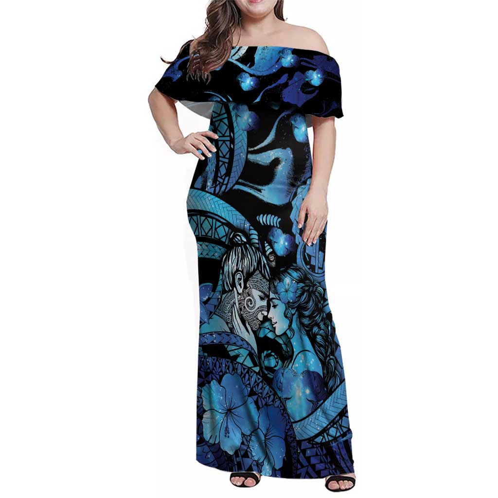 Personalised Maori Romantic Valentine Family Matching Off Shoulder Maxi Dress and Hawaiian Shirt The Hongi Kiss Blue Galaxy