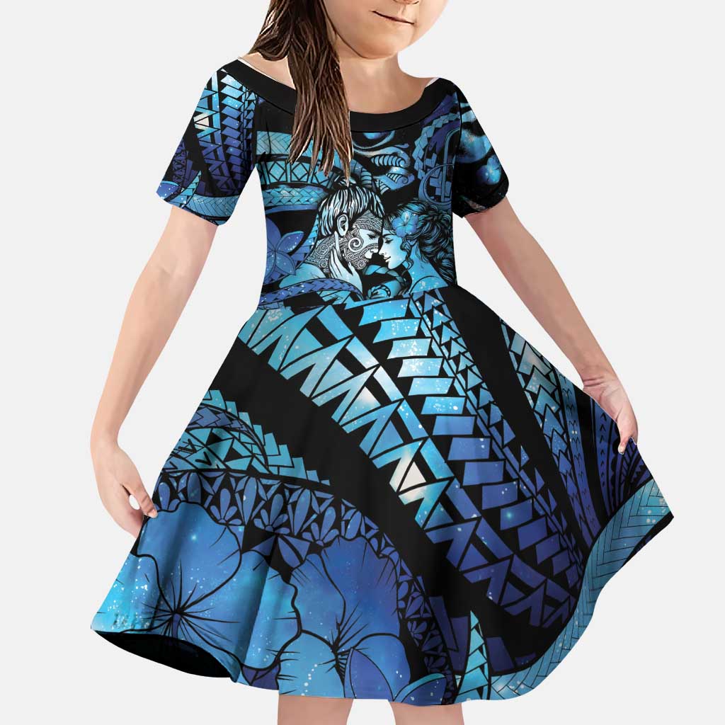 Personalised Maori Romantic Valentine Family Matching Summer Maxi Dress and Hawaiian Shirt The Hongi Kiss Blue Galaxy