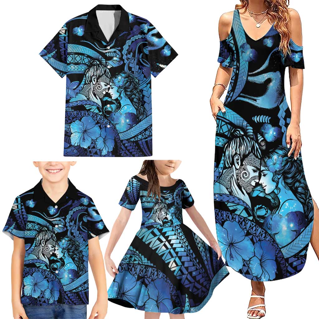 Personalised Maori Romantic Valentine Family Matching Summer Maxi Dress and Hawaiian Shirt The Hongi Kiss Blue Galaxy