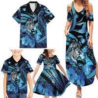 Personalised Maori Romantic Valentine Family Matching Summer Maxi Dress and Hawaiian Shirt The Hongi Kiss Blue Galaxy