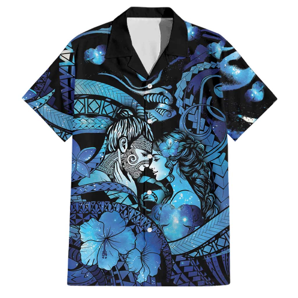 Personalised Maori Romantic Valentine Family Matching Summer Maxi Dress and Hawaiian Shirt The Hongi Kiss Blue Galaxy
