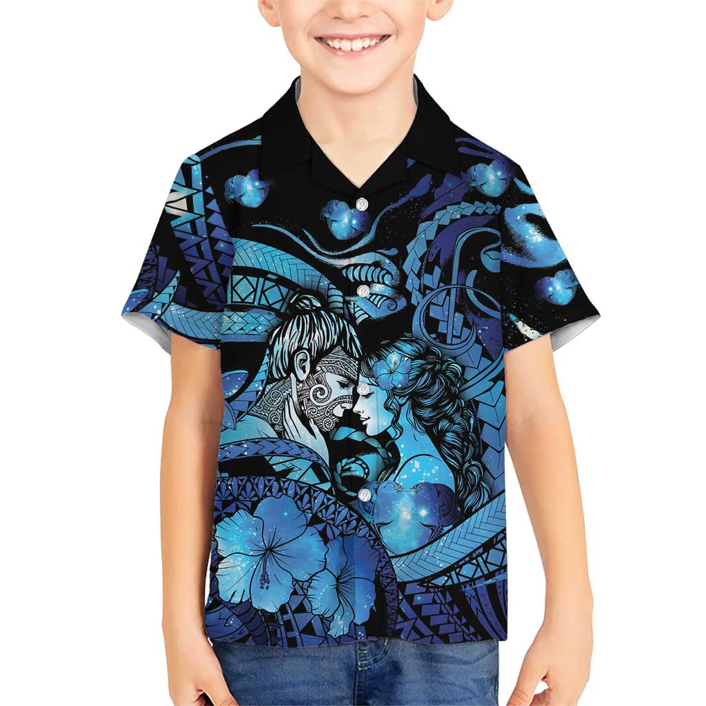 Personalised Maori Romantic Valentine Family Matching Summer Maxi Dress and Hawaiian Shirt The Hongi Kiss Blue Galaxy