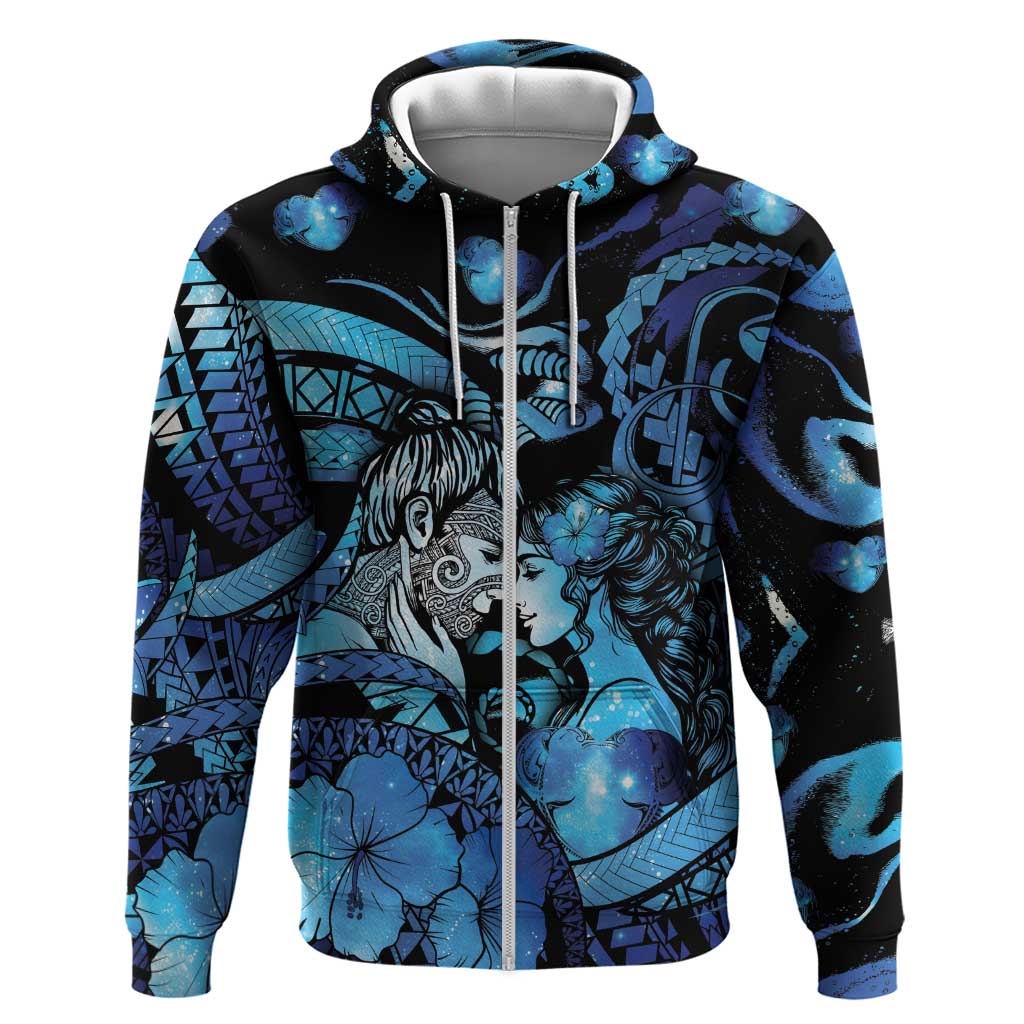 Personalised Maori Romantic Valentine Hoodie The Hongi Kiss Blue Galaxy DT05 Zip Hoodie Blue - Polynesian Pride