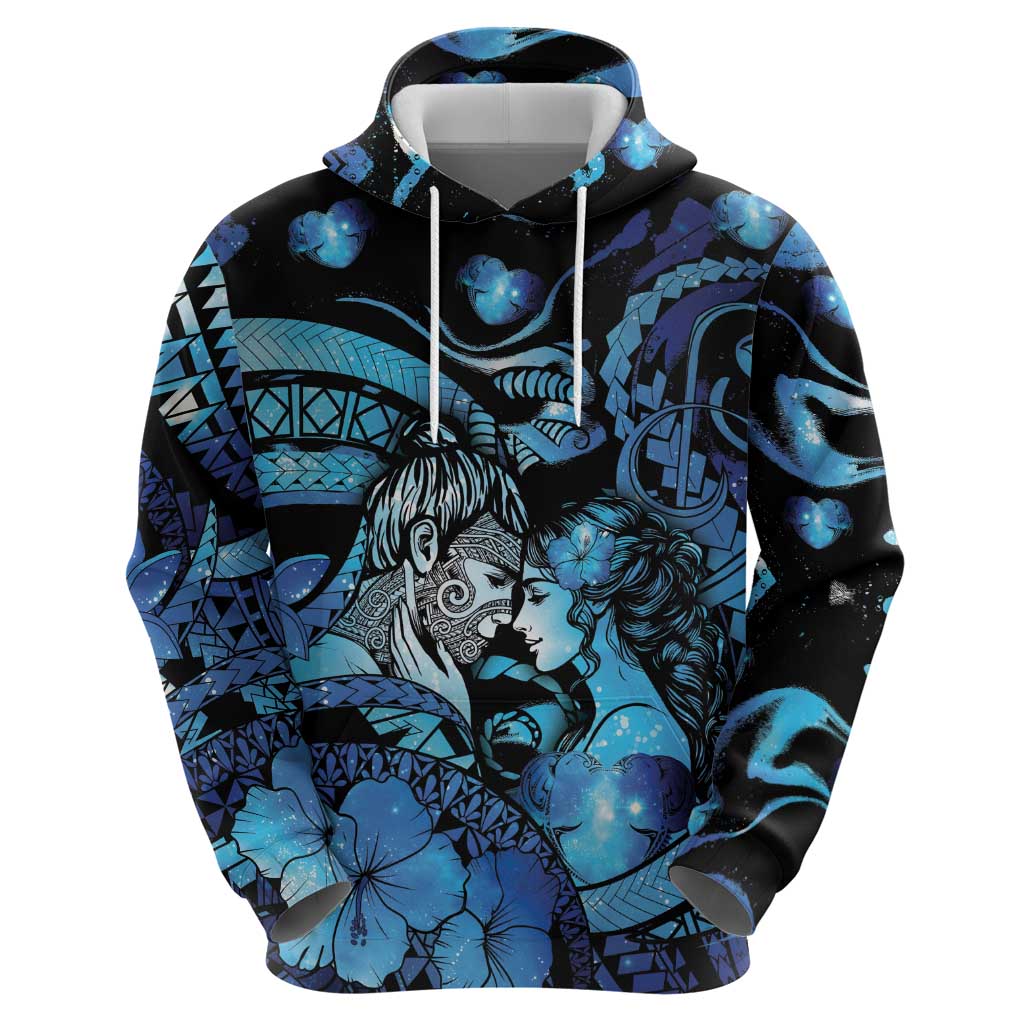 Personalised Maori Romantic Valentine Hoodie The Hongi Kiss Blue Galaxy DT05 - Polynesian Pride