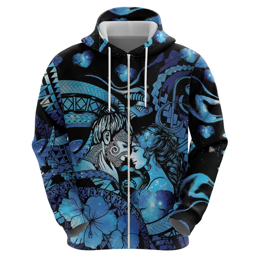 Personalised Maori Romantic Valentine Hoodie The Hongi Kiss Blue Galaxy DT05 - Polynesian Pride