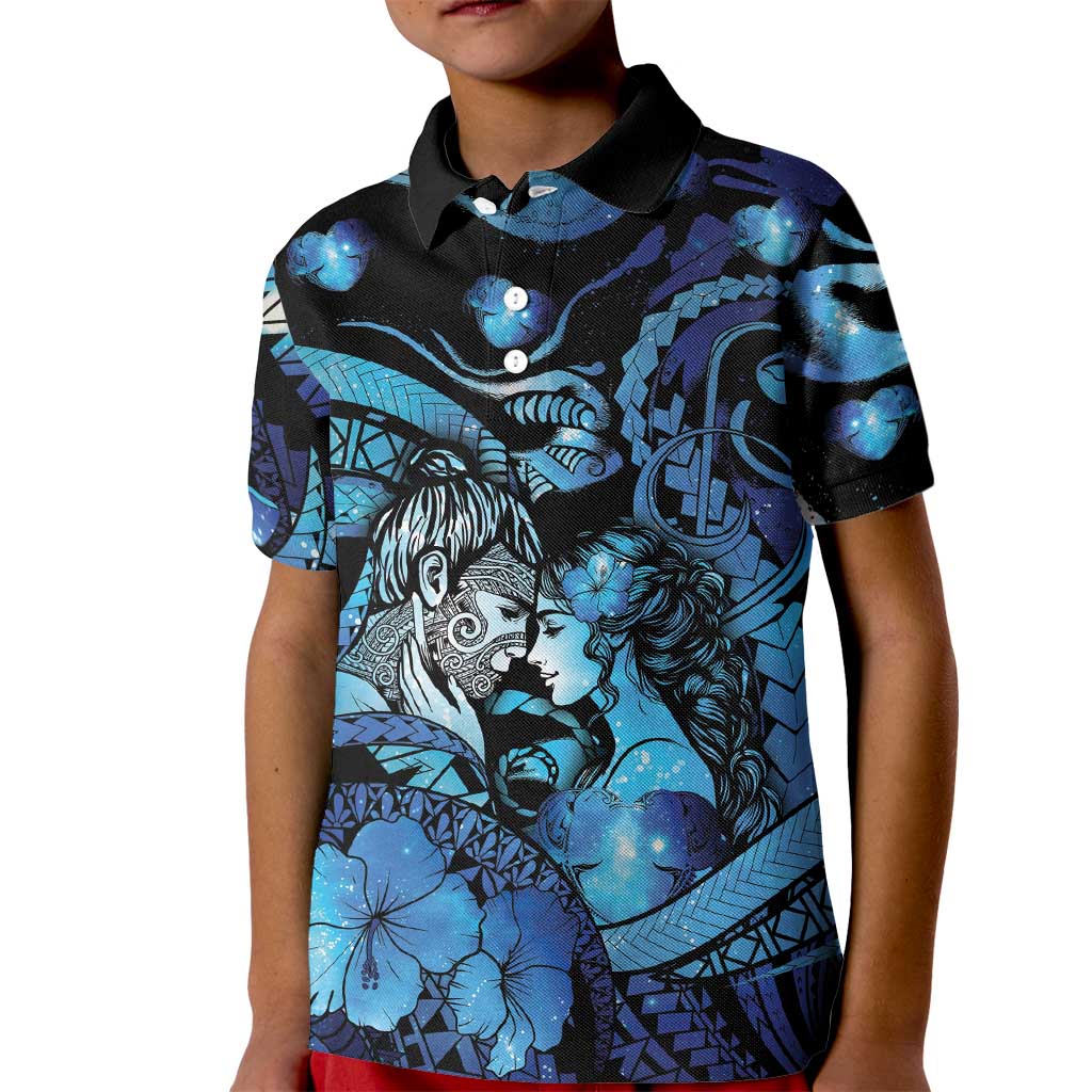 Personalised Maori Romantic Valentine Kid Polo Shirt The Hongi Kiss Blue Galaxy