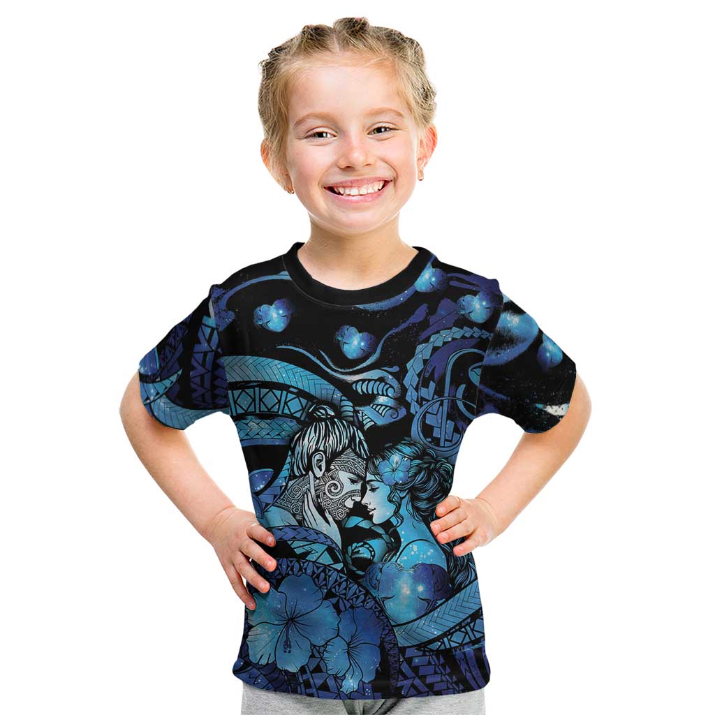 Personalised Maori Romantic Valentine Kid T Shirt The Hongi Kiss Blue Galaxy