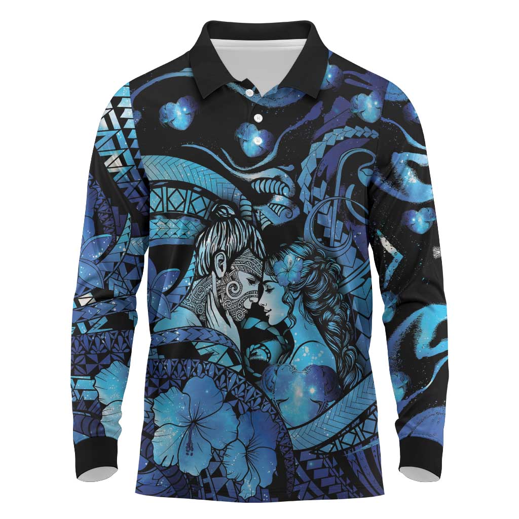 Personalised Maori Romantic Valentine Long Sleeve Polo Shirt The Hongi Kiss Blue Galaxy