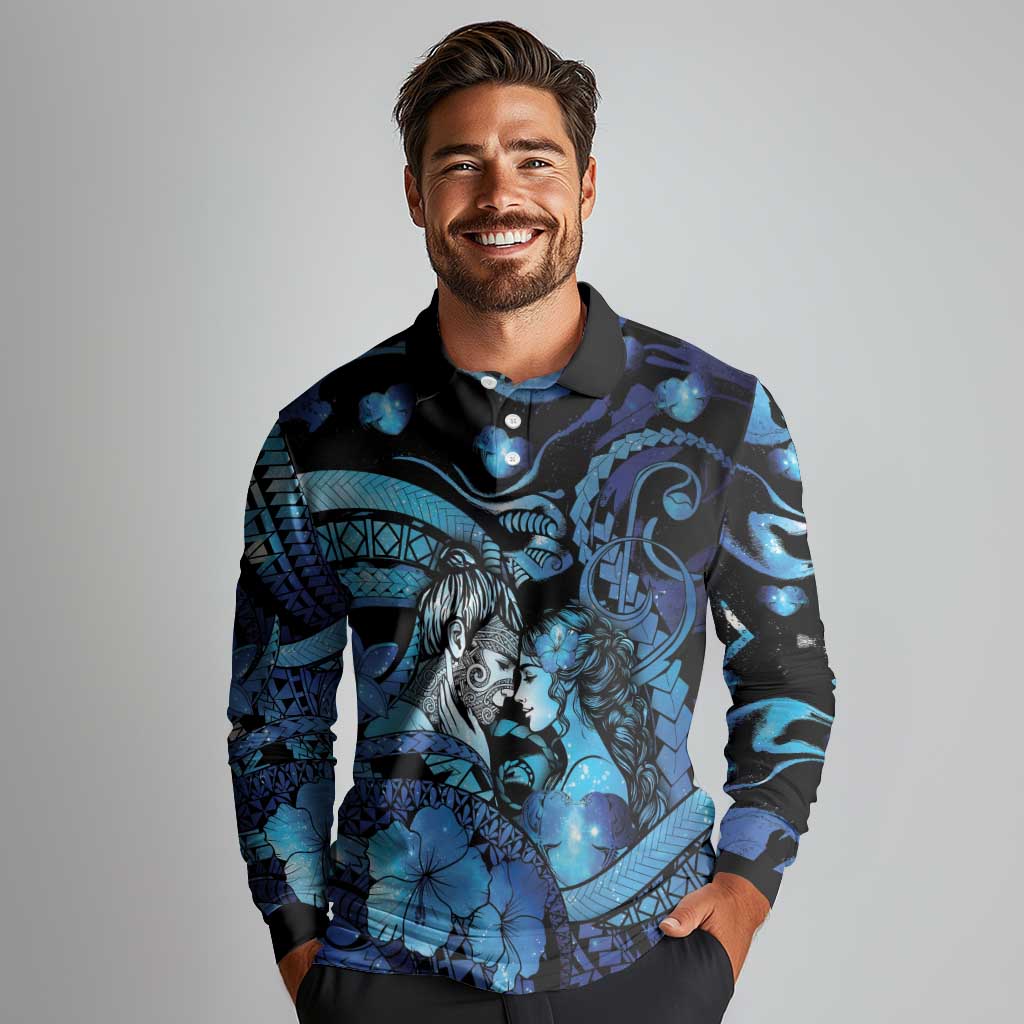 Personalised Maori Romantic Valentine Long Sleeve Polo Shirt The Hongi Kiss Blue Galaxy