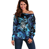 Personalised Maori Romantic Valentine Off Shoulder Sweater The Hongi Kiss Blue Galaxy