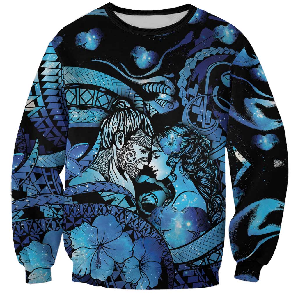 Personalised Maori Romantic Valentine Sweatshirt The Hongi Kiss Blue Galaxy