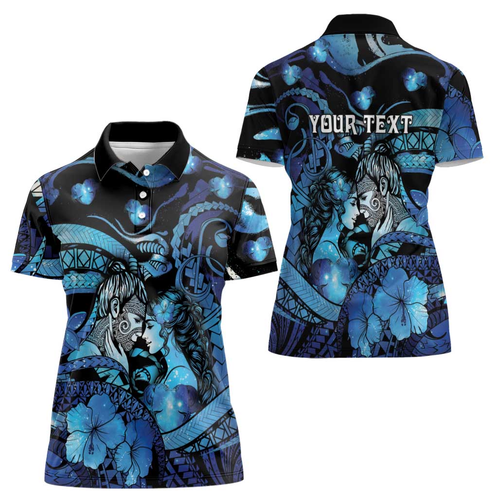 Personalised Maori Romantic Valentine Women Polo Shirt The Hongi Kiss Blue Galaxy