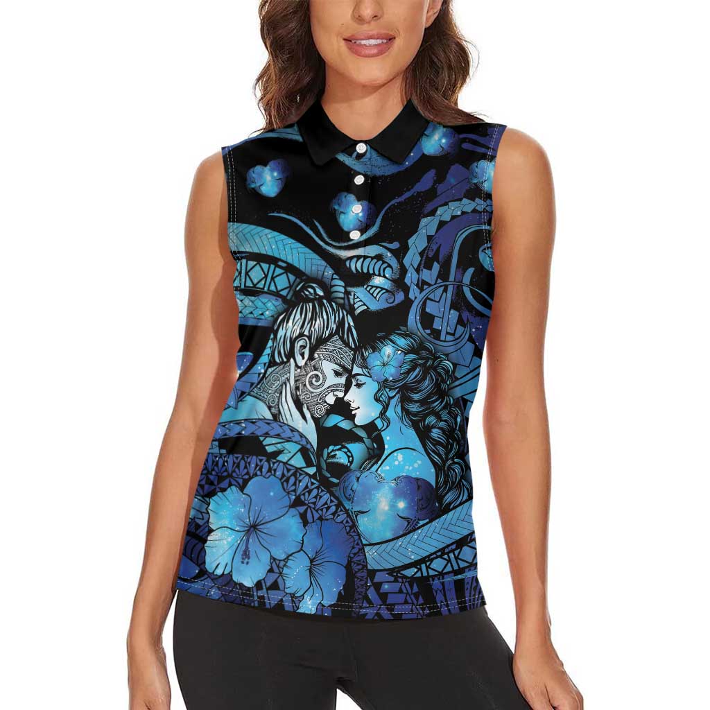 Personalised Maori Romantic Valentine Women Sleeveless Polo Shirt The Hongi Kiss Blue Galaxy