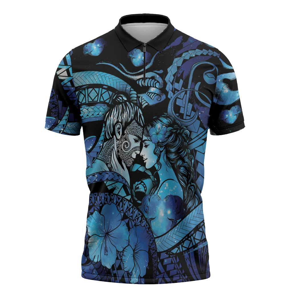 Personalised Maori Romantic Valentine Zipper Polo Shirt The Hongi Kiss Blue Galaxy