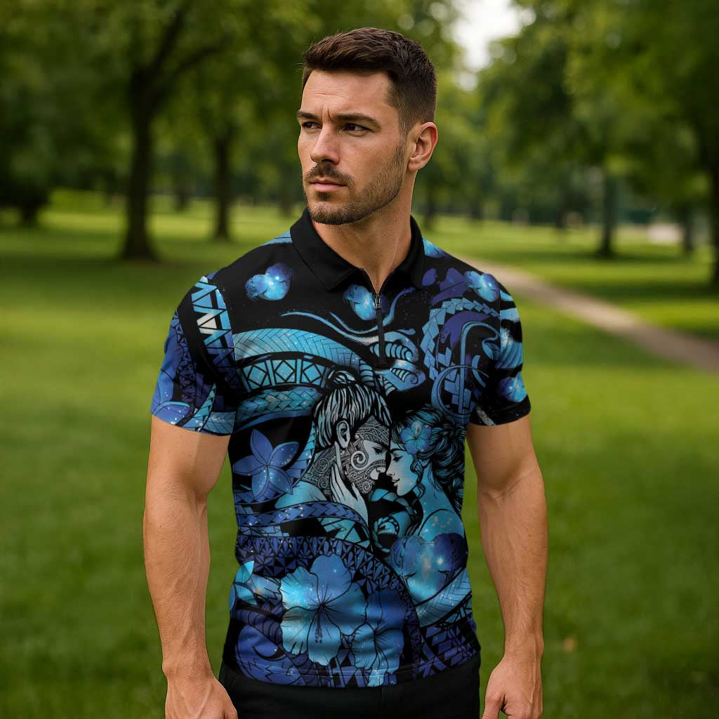 Personalised Maori Romantic Valentine Zipper Polo Shirt The Hongi Kiss Blue Galaxy