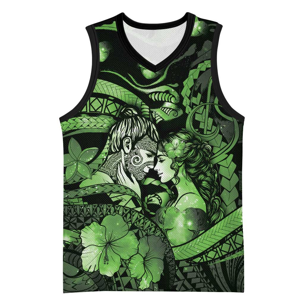 Personalised Maori Romantic Valentine Basketball Jersey The Hongi Kiss Green Galaxy