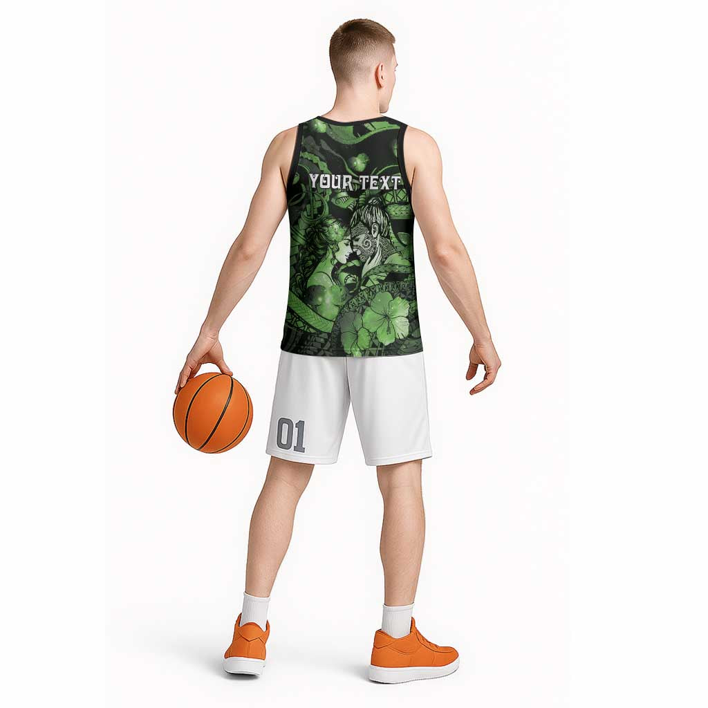 Personalised Maori Romantic Valentine Basketball Jersey The Hongi Kiss Green Galaxy