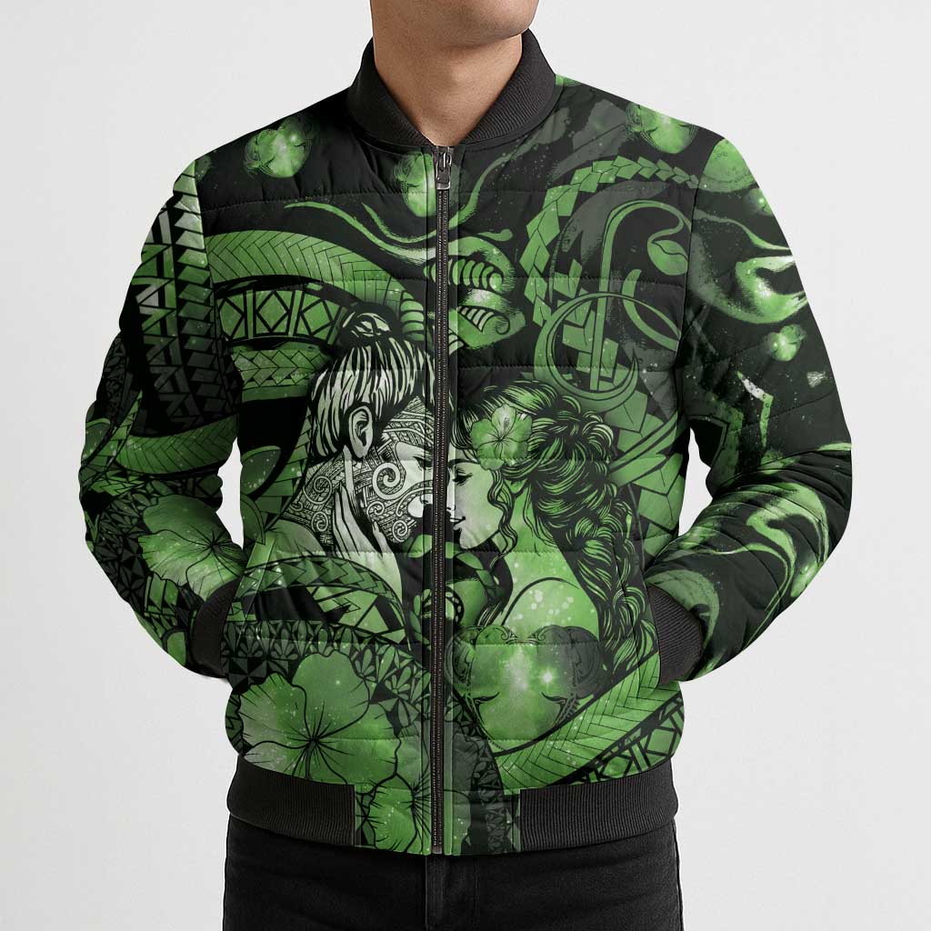 Personalised Maori Romantic Valentine Bomber Puffer Jacket The Hongi Kiss Green Galaxy