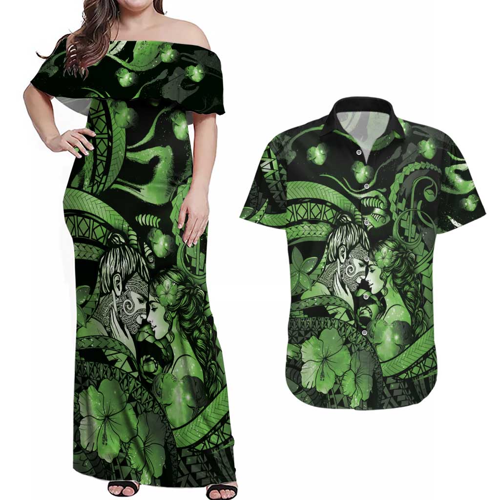 Personalised Maori Romantic Valentine Couples Matching Off Shoulder Maxi Dress and Hawaiian Shirt The Hongi Kiss Green Galaxy