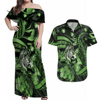 Personalised Maori Romantic Valentine Couples Matching Off Shoulder Maxi Dress and Hawaiian Shirt The Hongi Kiss Green Galaxy