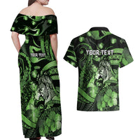 Personalised Maori Romantic Valentine Couples Matching Off Shoulder Maxi Dress and Hawaiian Shirt The Hongi Kiss Green Galaxy