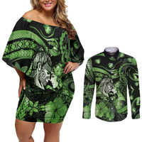 Personalised Maori Romantic Valentine Couples Matching Off Shoulder Short Dress and Long Sleeve Button Shirt The Hongi Kiss Green Galaxy