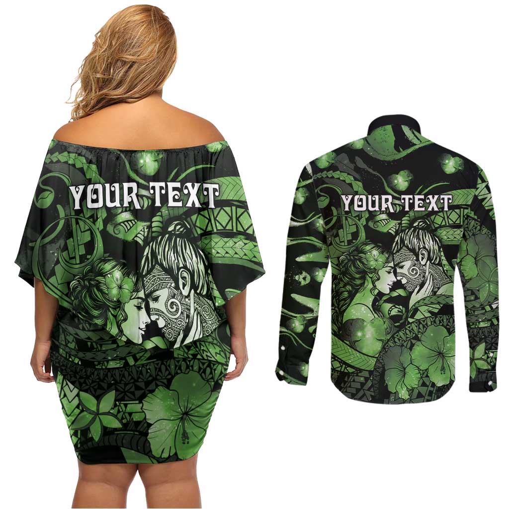 Personalised Maori Romantic Valentine Couples Matching Off Shoulder Short Dress and Long Sleeve Button Shirt The Hongi Kiss Green Galaxy