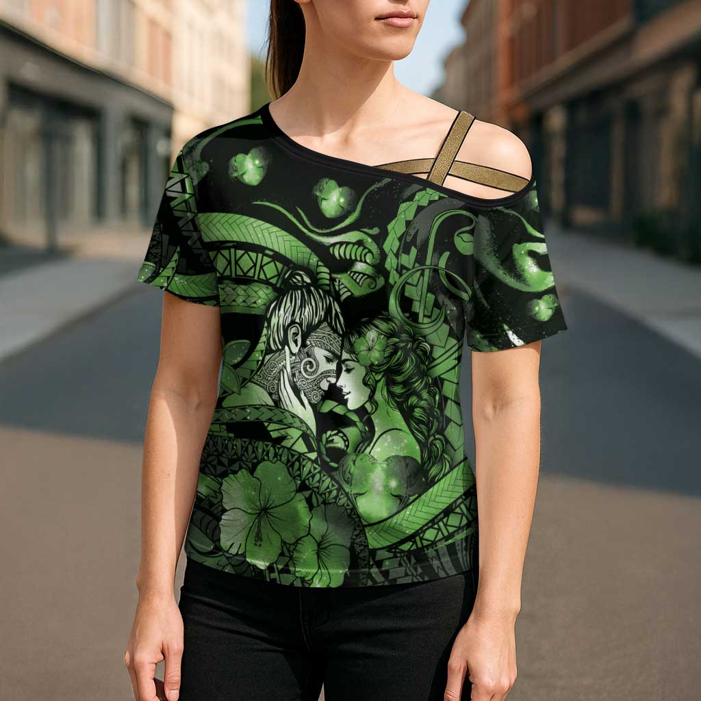 Personalised Maori Romantic Valentine Cross Shoulder Shirt The Hongi Kiss Green Galaxy