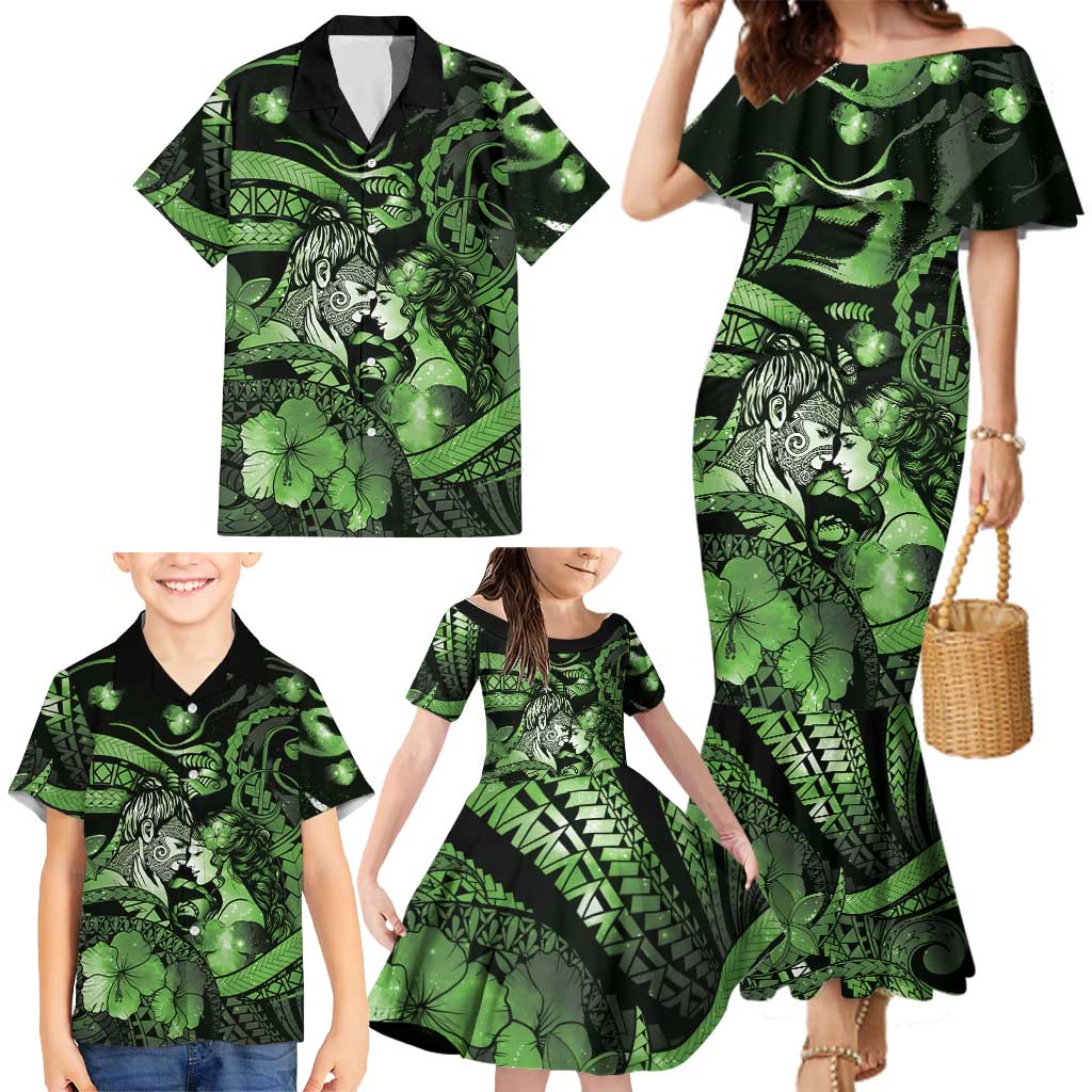 Personalised Maori Romantic Valentine Family Matching Mermaid Dress and Hawaiian Shirt The Hongi Kiss Green Galaxy DT05 - Polynesian Pride