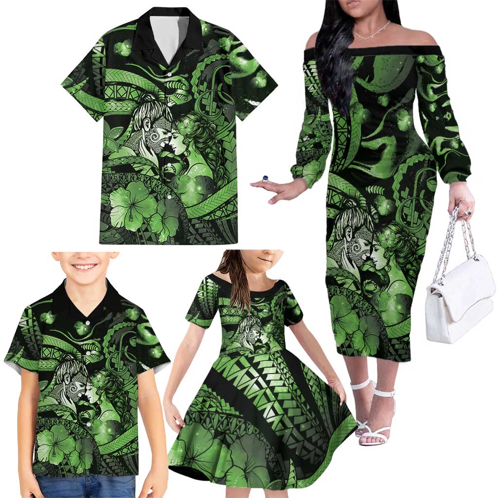 Personalised Maori Romantic Valentine Family Matching Off The Shoulder Long Sleeve Dress and Hawaiian Shirt The Hongi Kiss Green Galaxy DT05 - Polynesian Pride
