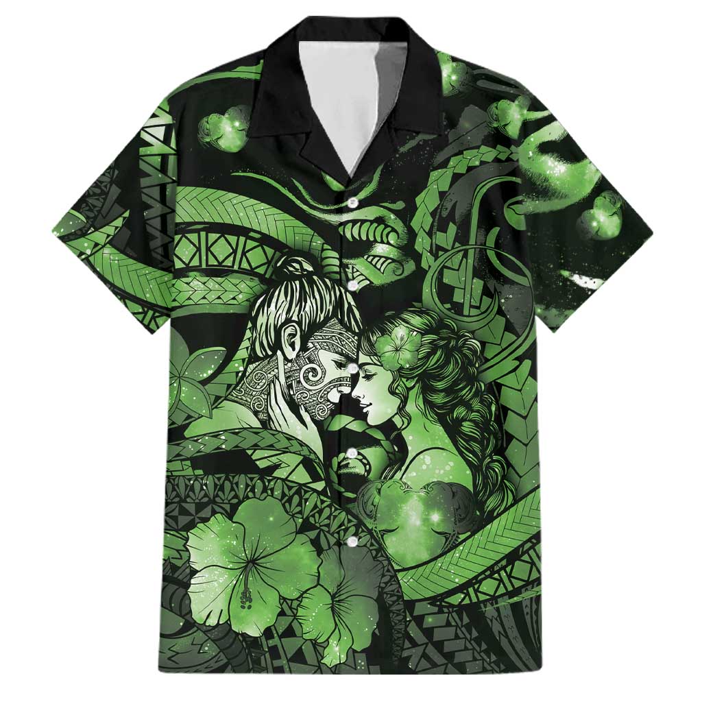 Personalised Maori Romantic Valentine Family Matching Off The Shoulder Long Sleeve Dress and Hawaiian Shirt The Hongi Kiss Green Galaxy DT05 Dad's Shirt - Short Sleeve Green - Polynesian Pride