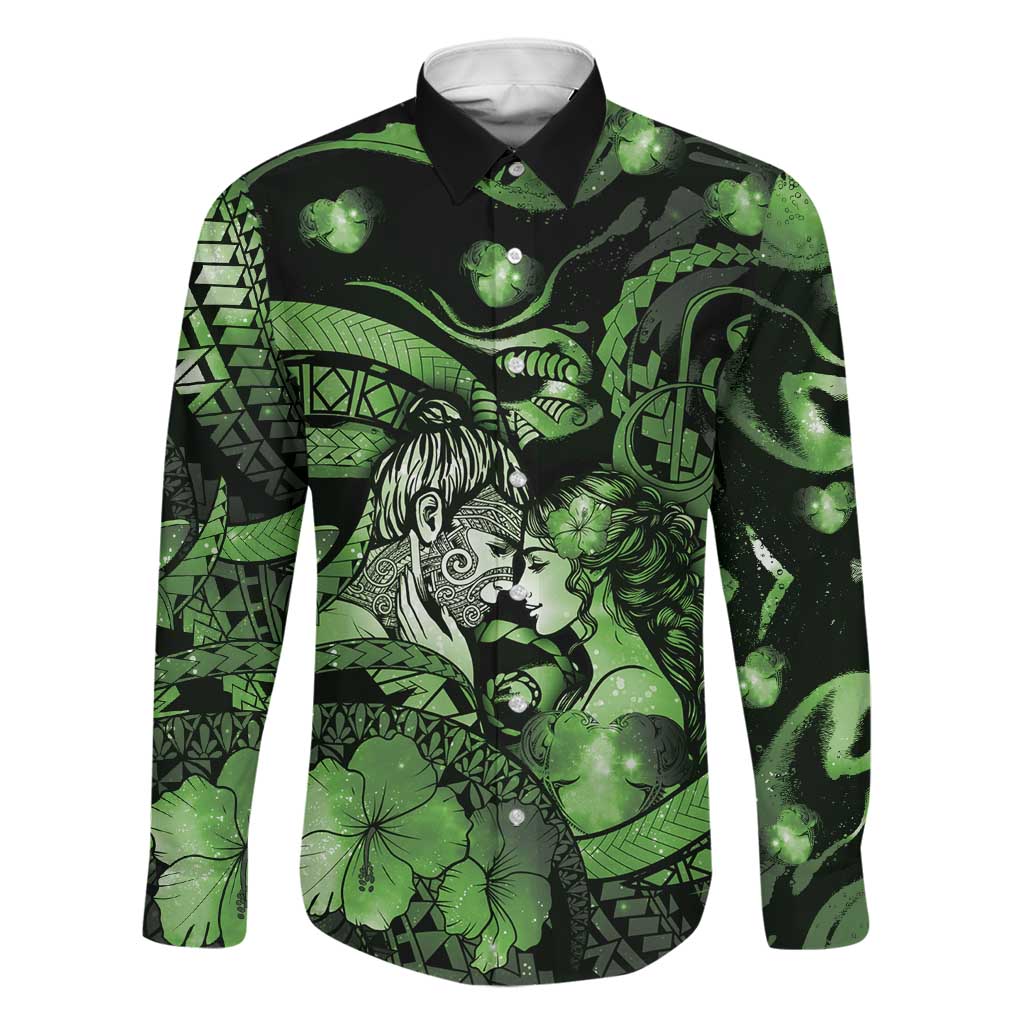 Personalised Maori Romantic Valentine Family Matching Off The Shoulder Long Sleeve Dress and Hawaiian Shirt The Hongi Kiss Green Galaxy DT05 Dad's Shirt - Long Sleeve Green - Polynesian Pride