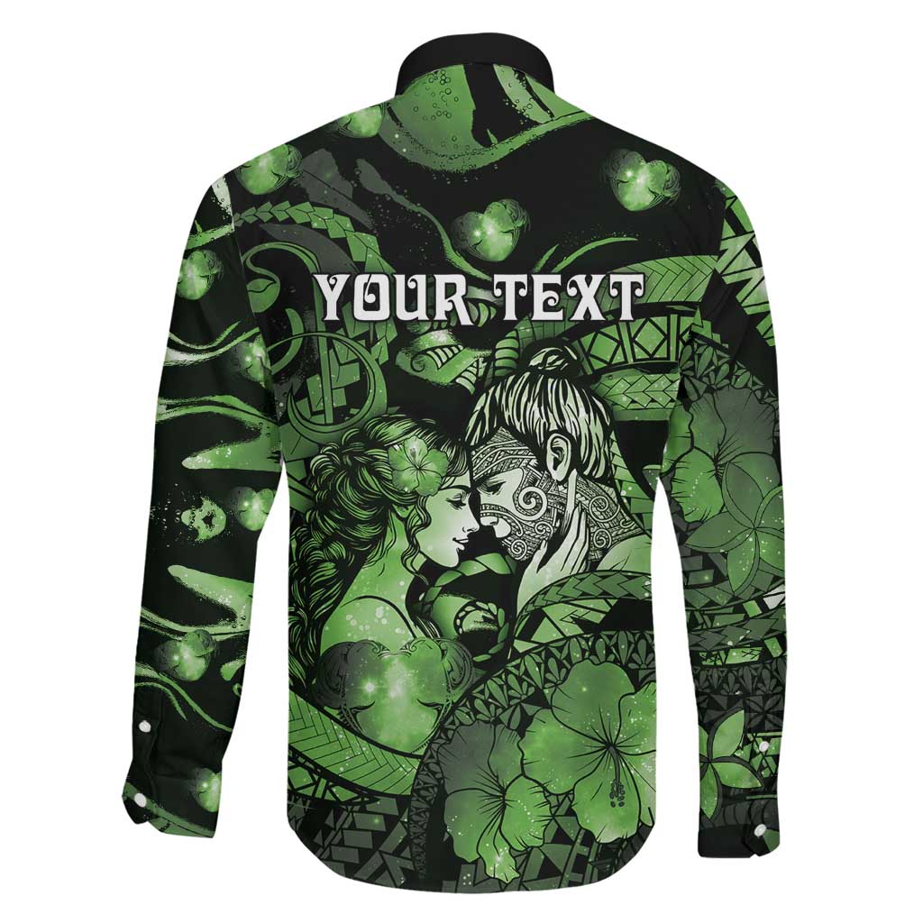 Personalised Maori Romantic Valentine Family Matching Off The Shoulder Long Sleeve Dress and Hawaiian Shirt The Hongi Kiss Green Galaxy DT05 - Polynesian Pride
