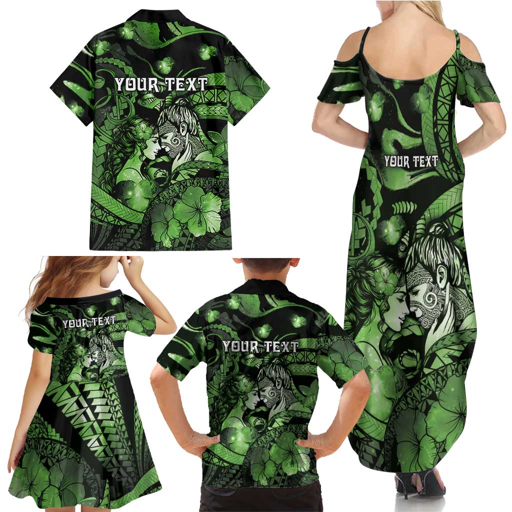 Personalised Maori Romantic Valentine Family Matching Summer Maxi Dress and Hawaiian Shirt The Hongi Kiss Green Galaxy