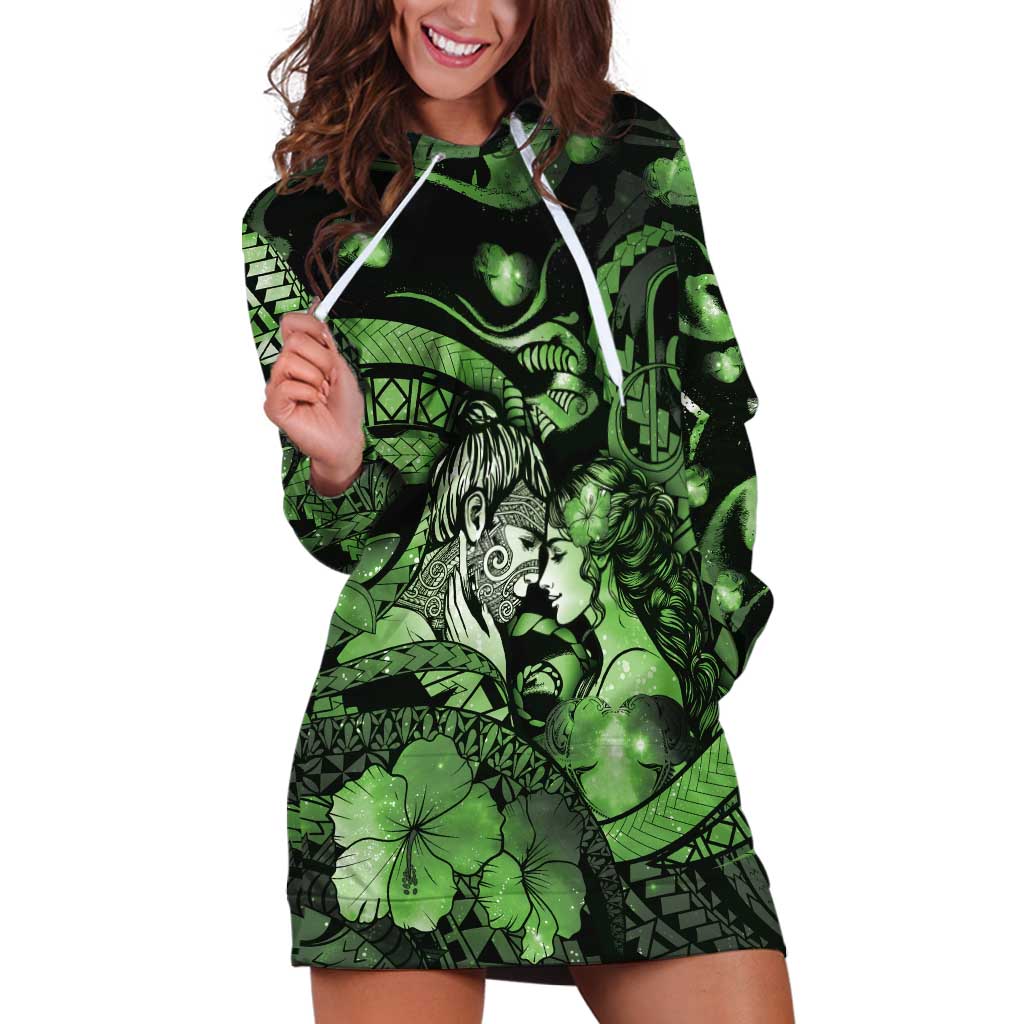 Personalised Maori Romantic Valentine Hoodie Dress The Hongi Kiss Green Galaxy DT05 Green - Polynesian Pride