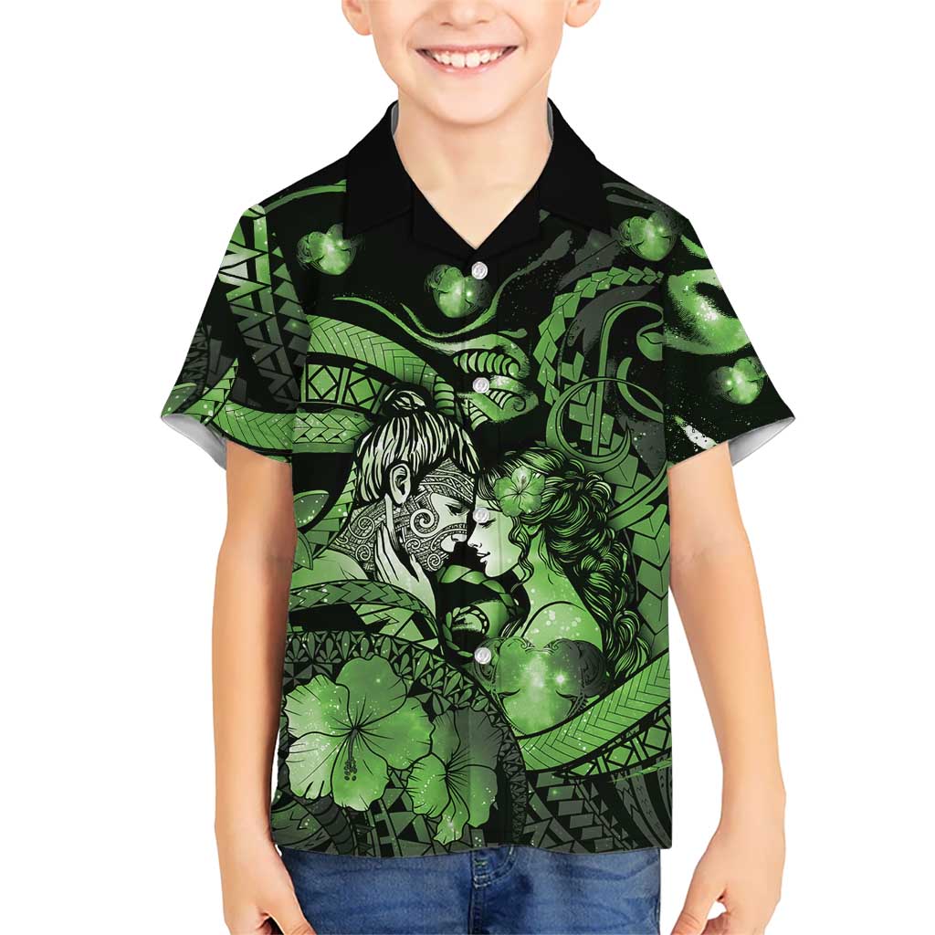 Personalised Maori Romantic Valentine Kid Hawaiian Shirt The Hongi Kiss Green Galaxy DT05 Kid Green - Polynesian Pride