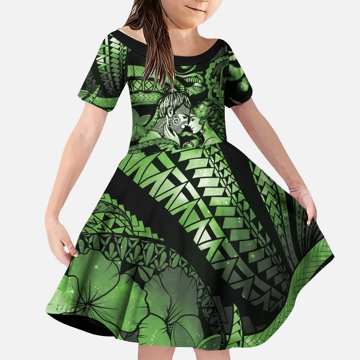 Personalised Maori Romantic Valentine Kid Short Sleeve Dress The Hongi Kiss Green Galaxy